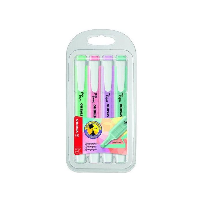 Stabilo Marcador Fluorescente Swing Cool Pastel, Punta Inclinada 1mm y 4mm, Blíster 4 Unidades