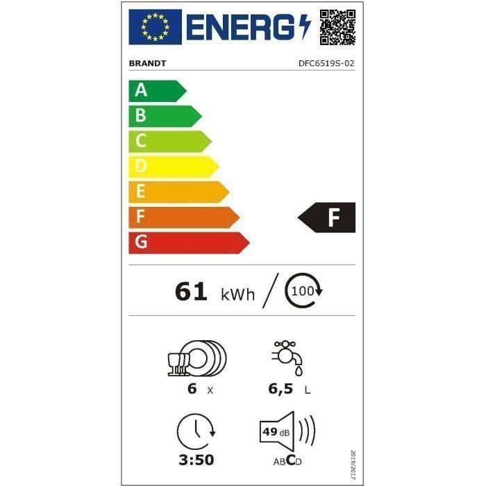 Lavavajillas de libre instalación BRANDT DFC6519S - 6 cubiertos - Ancho 55 cm - Clase A + - 49dB - A + - Blanco 1