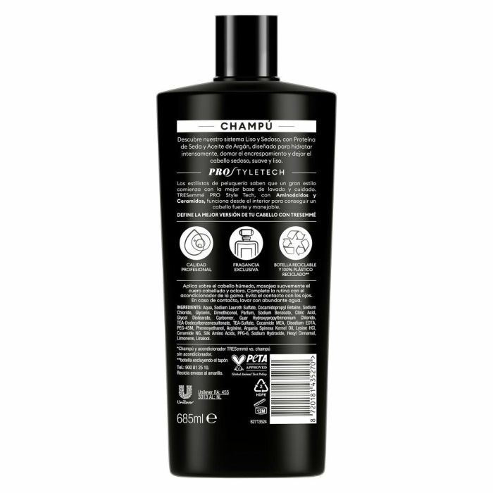 Tresemmé Liso&Sedoso Champú con Proteínas de Seda y Aceite de Argán 685ml, Cabello Seco y Encrespado, Suave y Manejable 5 Tresemmé Liso&Sedoso Champú con Proteínas de Seda y Aceite de Argán 685ml, Cabello Seco y Encrespado, Suave y Manejable 5