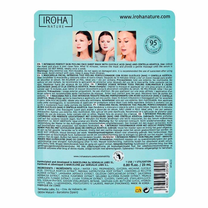 Iroha Mascarilla Facial Tisú Peeling Piel Perfecta con Ácido Glicólico y Centella Asiática 23 ml
