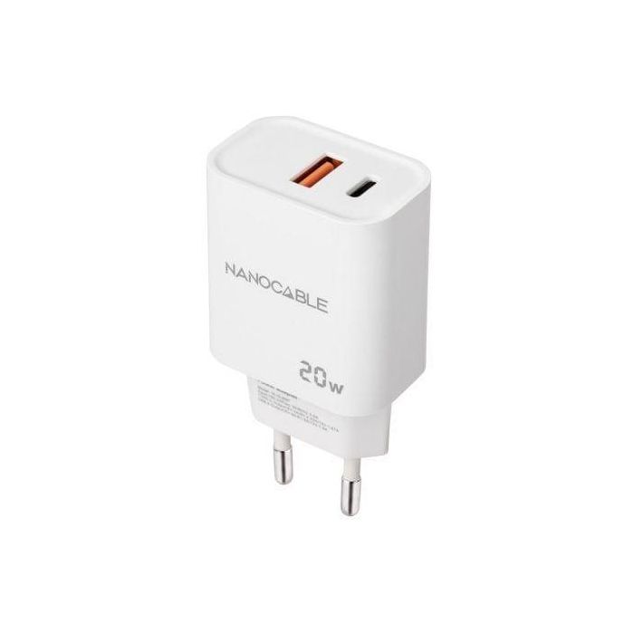 Cargador de Pared Nanocable 10.10.2007/ 1xUSB/ 1xUSB Tipo-C/ 20W/ Blanco Cargador de Pared Nanocable 10.10.2007/ 1xUSB/ 1xUSB Tipo-C/ 20W/ Blanco