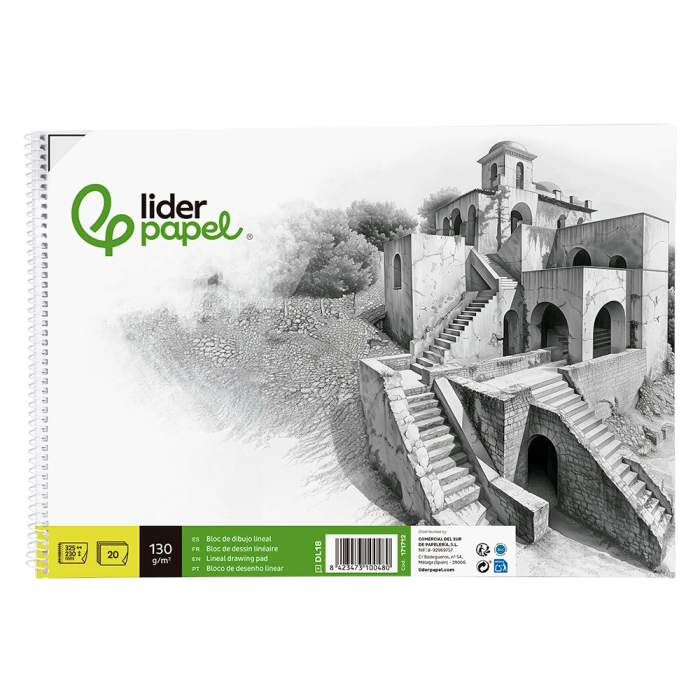 Liderpapel Bloc Dibujo Lineal Histórico Espiral 230x325mm 20 Hojas 130g/m2 con Recuadro Perforado 1