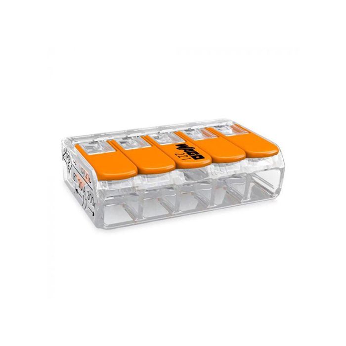 Conector rapido con palanca 5 conductores, ø maximo 4 mm², 450 v , 32 a transparente 30 x 18,6 x 8,4 mm 0 Conector rapido con palanca 5 conductores, ø maximo 4 mm², 450 v , 32 a transparente 30 x 18,6 x 8,4 mm 0
