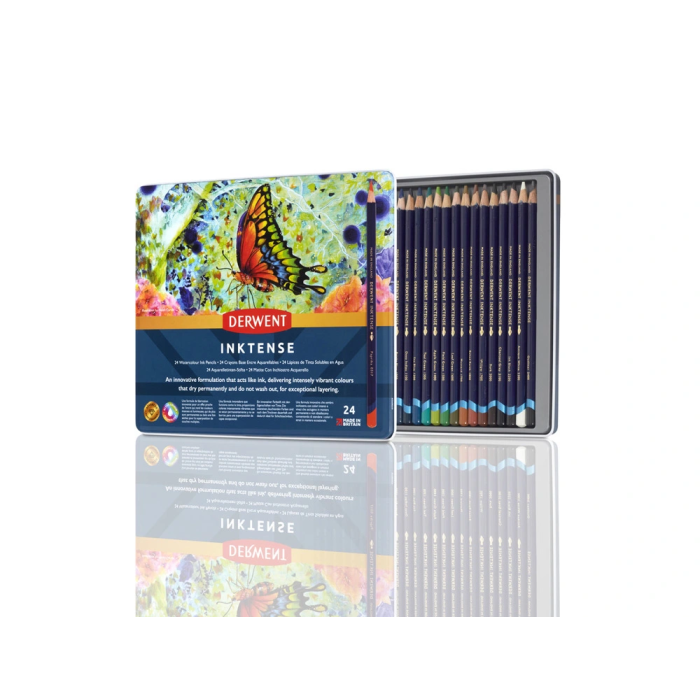 Derwent Lápices Inktense Caja Metálica 24 Unidades Colores Surtidos, Lápices de Acuarela, Alta Pigmentación, Permanentes 1