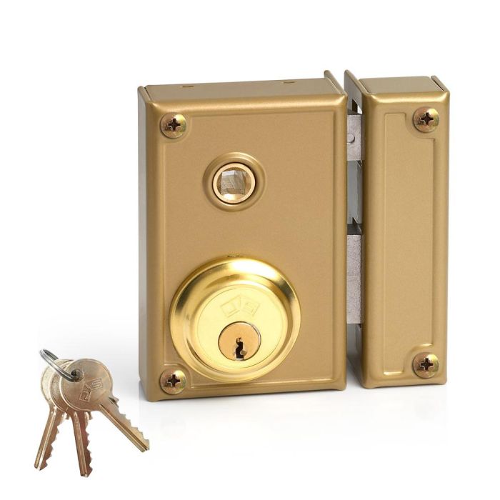 Jis Cerradura de sobreponer manilla, golpe y llave 70mm derecha 35-7d, cilindro fijo 52mm, dorado, 3 llaves 0 Jis Cerradura de sobreponer manilla, golpe y llave 70mm derecha 35-7d, cilindro fijo 52mm, dorado, 3 llaves 0
