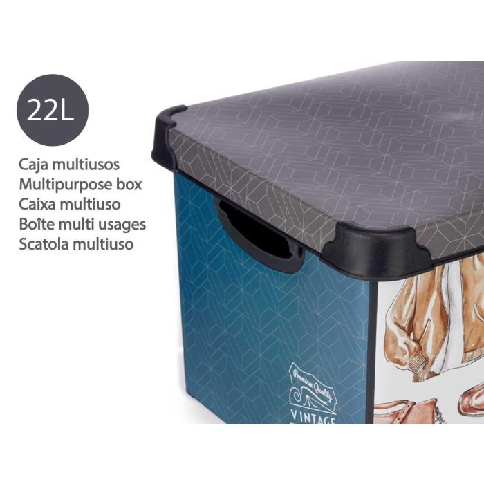 Kipit Caja Plástico 22L Estampado Vintage con Asa 30x23.5x40 cm (Set de 12) 3