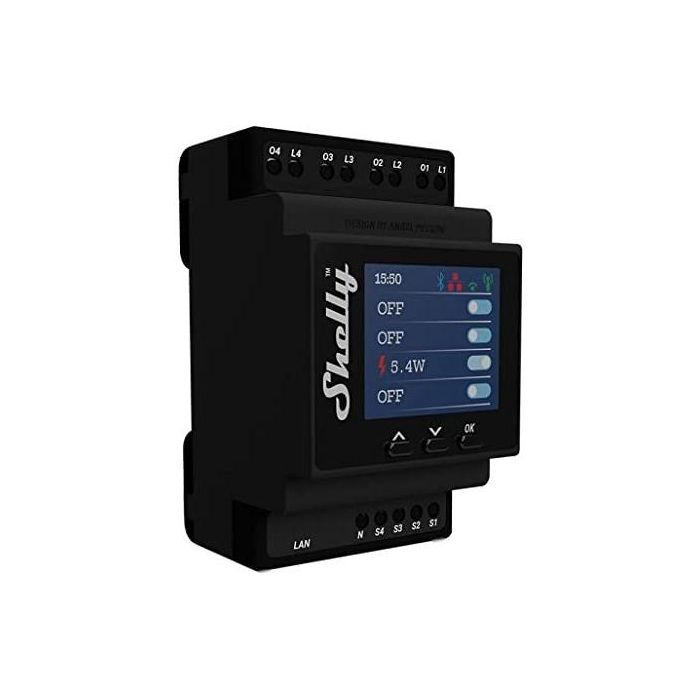Shelly Pro 4PM Relé WLAN LAN 4 Canales 1 Fase con Medición de Potencia para Carril DIN Max. 40A