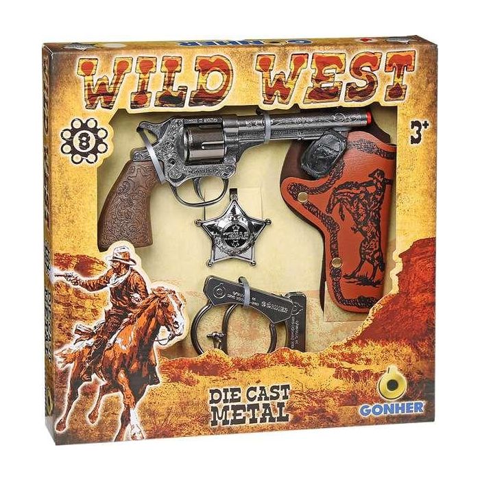 Pistola 8 tiros wild west con cartuchera, esposas y estrella 28x28x4 cm Pistola 8 tiros wild west con cartuchera, esposas y estrella 28x28x4 cm