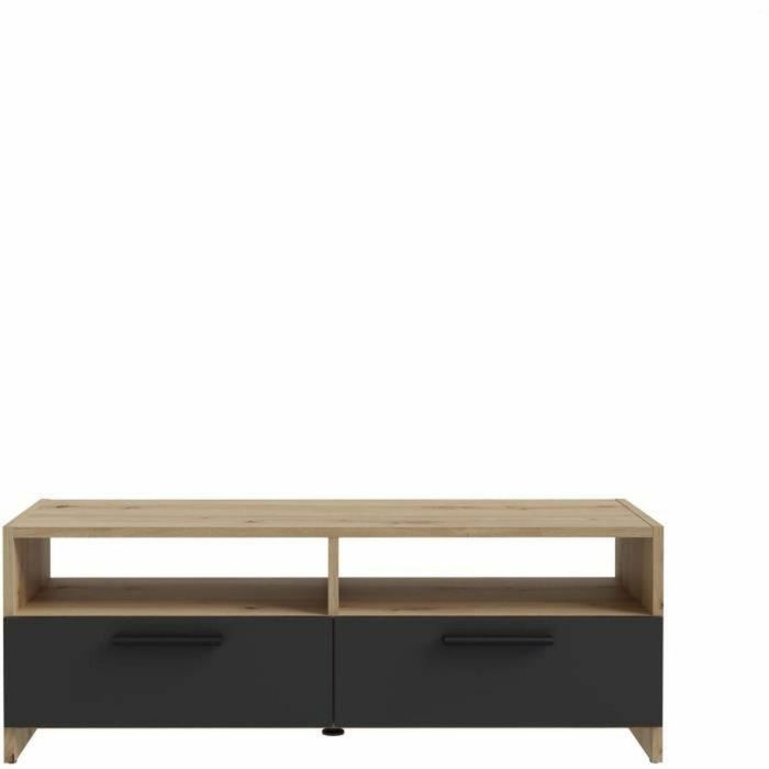 Mueble TV PILVI - Estilo contemporáneo - Decoración Roble y Negro - 2 solapas + 2 nichos - L 95 x P 36 x H 34,5 cm Mueble TV PILVI - Estilo contemporáneo - Decoración Roble y Negro - 2 solapas + 2 nichos - L 95 x P 36 x H 34,5 cm