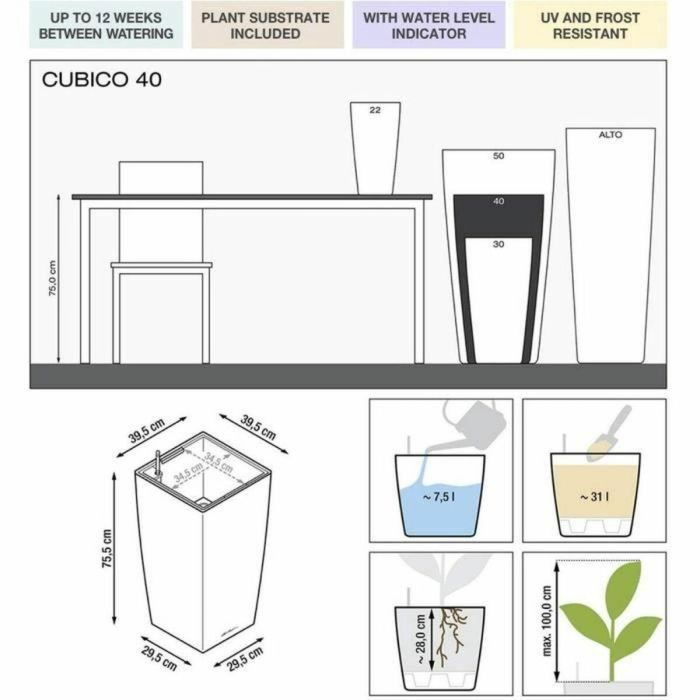 Maceta - LEC - Cubico Premium 40 - Rojo - Con reserva de agua - Kit completo 4