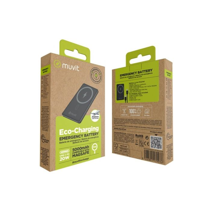 Muvit For Change MCCHP0009 Powerbank 5000mAh 20W Wireless Negra con Cable USB Tipo-C 2