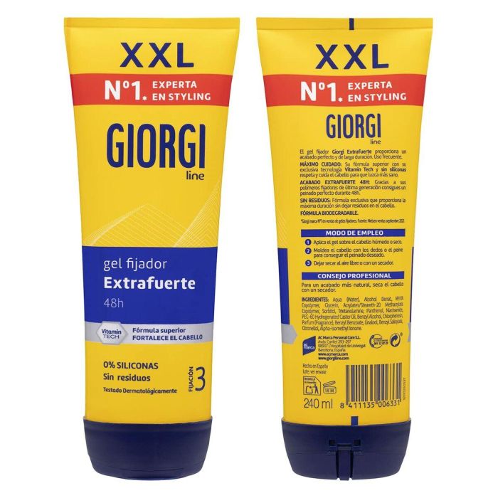 Giorgi Line EXTRAFUERTE gel fijador nº3 para peinado perfecto, 240 ml, sin siliconas, con Vitamin Tech 4 Giorgi Line EXTRAFUERTE gel fijador nº3 para peinado perfecto, 240 ml, sin siliconas, con Vitamin Tech 4