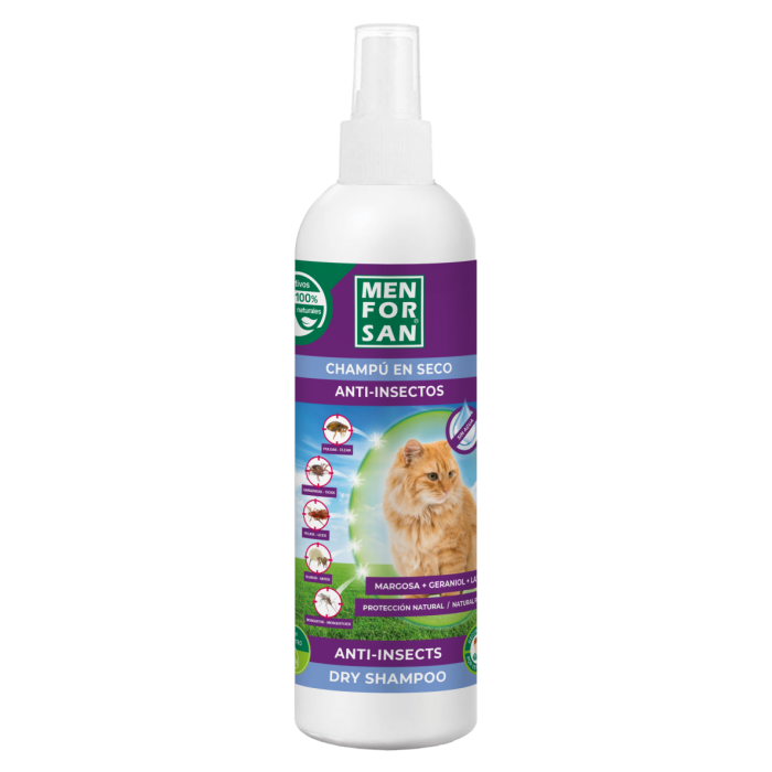 Men For San Champú Seco Anti-Insectos para Gatos: Elimina Pulgas, Garrapatas, Ácaros. Con Margosa, Geraniol y Lavandino. Spray 250ml
