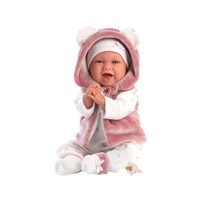 Muñeca recien nacida mimi sonrisas con chaqueta fucsia de pelo y chupete 40 cm cuerpo tela 1 Muñeca recien nacida mimi sonrisas con chaqueta fucsia de pelo y chupete 40 cm cuerpo tela 1