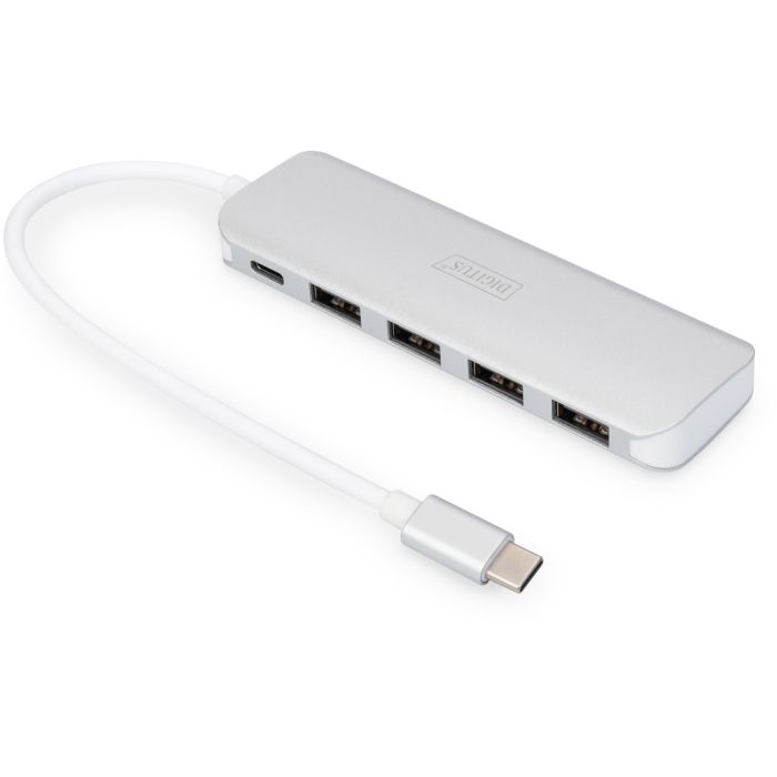 Digitus USB-C-Hub 4-Port 3.0->4xA3.0 1xC-PD intgr.Kabel wei Concentrador USB Type-C 4 Puertos 3.0 5000 Mbit/s Aluminio Plata