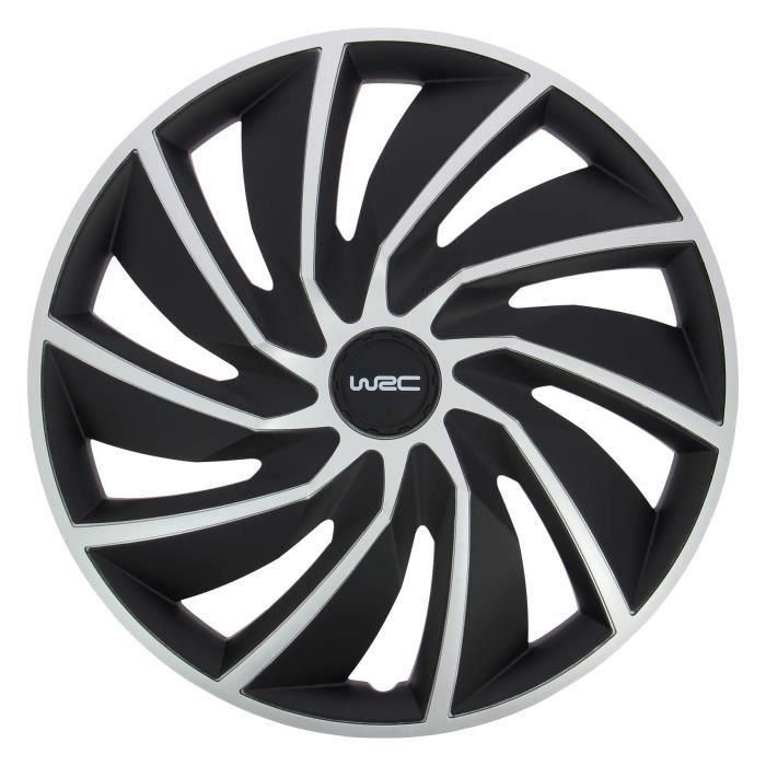 WRC Juego de 4 Tapacubos Bicolores 14 Pulgadas Negro Mate y Gris Plateado Diseño Deportivo TURBO en ABS 1 WRC Juego de 4 Tapacubos Bicolores 14 Pulgadas Negro Mate y Gris Plateado Diseño Deportivo TURBO en ABS 1