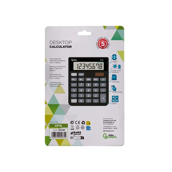Liderpapel xf16 Calculadora Sobremesa 8 Dígitos Solar y Pilas Negro 127x105x24 mm 4