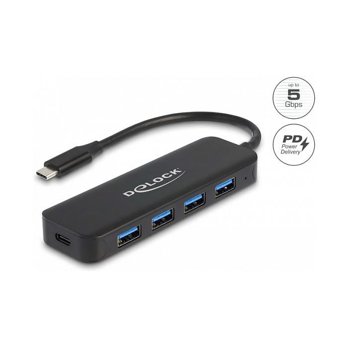 DeLOCK Hub USB-C 4 Puertos USB 3.2 Gen 1 + 1 USB-C con Power Delivery de 85W, Negro, Metal - Hub USB Tipo C con 5 Puertos y Carga Rápida 1