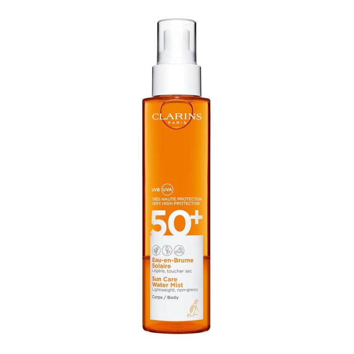 Clarins Agua Solar en Bruma SPF50 150 mL - Protección Alta e Hidratación con Acabado Seco para Cuerpo y Cabello