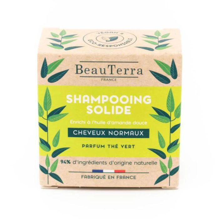 Beauterra Champú Sólido SOLIDE Té Verde para Cabellos Normales 75g - Vegano, Sin Siliconas, Cruelty Free, Envase Biodegradable