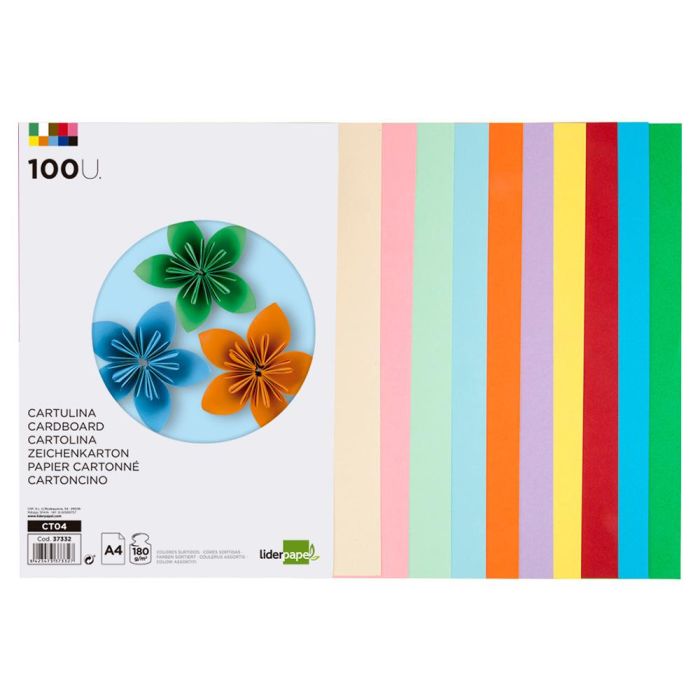 Cartulina Liderpapel A4 180 gr-M2 10 Colores Surtidos Paquete De 100 Hojas 2