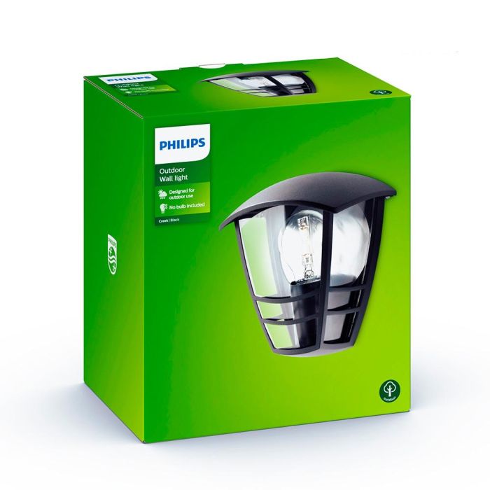 Philips Farol Exterior Creek Aplique Mural Negro IP44 E27 Máx. 60W sin Bombilla. Tipo Farola de Pared de Aluminio. 1 Philips Farol Exterior Creek Aplique Mural Negro IP44 E27 Máx. 60W sin Bombilla. Tipo Farola de Pared de Aluminio. 1