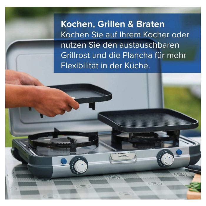 CAMPINGAZ Parrilla Portátil Grill & Go Caravan, Cocina de Camping 2 Zonas, 4000 W, Negro/Gris/Plata, 5.4 kg, con Funda
