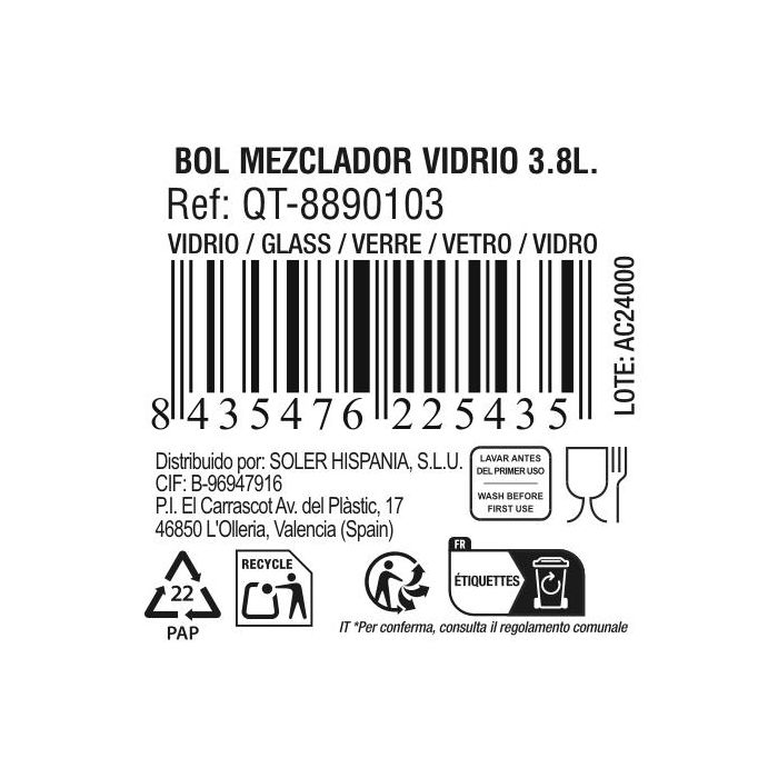Bol mezclador de vidrio Quttin, 24 cm, 3.8 litros (6 Unidades) 7 Bol mezclador de vidrio Quttin, 24 cm, 3.8 litros (6 Unidades) 7
