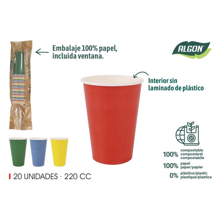 Set de 20 vasos de cartón multicolor 220 cc - Algon (20 Unidades) Set de 20 vasos de cartón multicolor 220 cc - Algon (20 Unidades)
