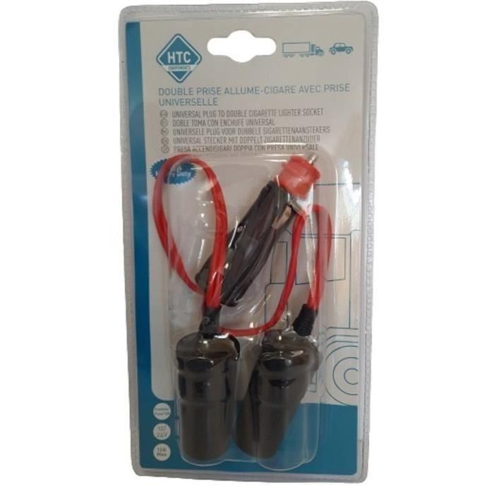 Toma de mechero doble 12/24V - HTC EQUIPMENT - Con toma universal 10A y cable rojo de 20cm 1