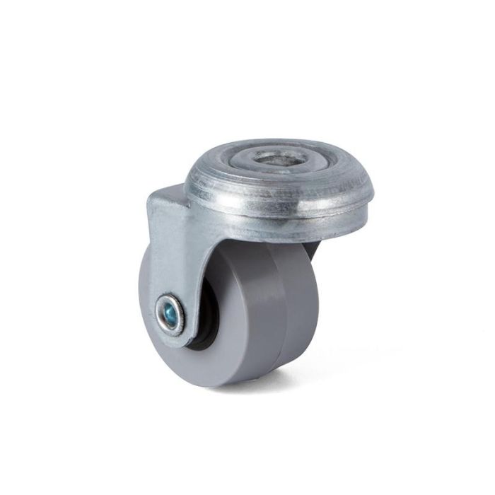 Q&Q TP8 Rueda Giratoria Aro Goma Ø30 Taladro Pasante Zincado, Sin Antihilo, Carga 15 Kg, Soporte Acero Estampado, Eje Liso 1