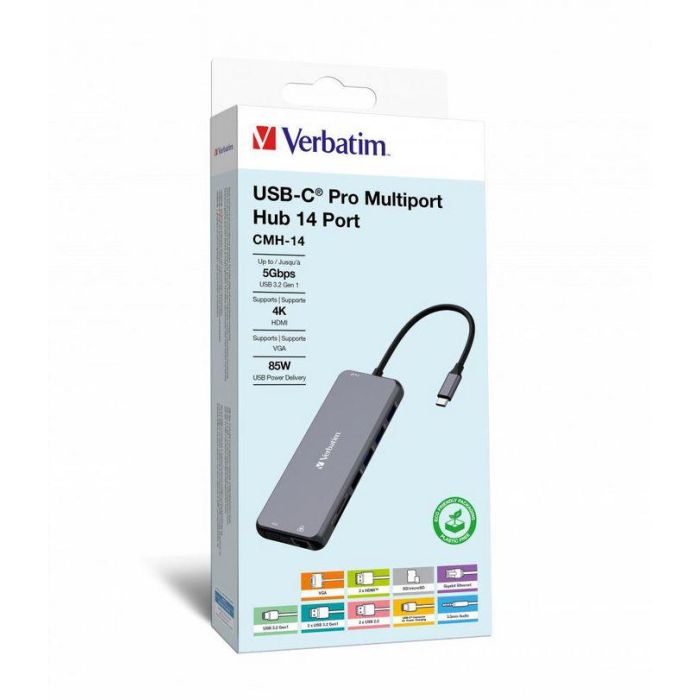 Verbatim 2 x HDMI, 4K60Hz, 4K30Hz, 1 x VGA, 1080p, 1 x RJ45, 1Gb/s, 3 x USB-A 3.2 Gen1, 5Gb/s, 1 x USB-C 3.2 Gen1, 5Gb/s, 2 x USB-A 2.0, 1 x Audio jack, 1 x SD 3.0, 1 x microSD 3.0, 1 x USB-C PD, 40mm x 55.4mm x 15mm Verbatim 2 x HDMI, 4K60Hz, 4K30Hz, 1 x VGA, 1080p, 1 x RJ45, 1Gb/s, 3 x USB-A 3.2 Gen1, 5Gb/s, 1 x USB-C 3.2 Gen1, 5Gb/s, 2 x USB-A 2.0, 1 x Audio jack, 1 x SD 3.0, 1 x microSD 3.0, 1 x USB-C PD, 40mm x 55.4mm x 15mm