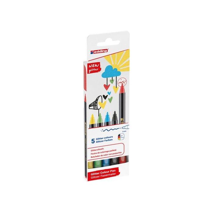 Edding Rotulador de Fibra 1200 Glitter Básico, Punta Redonda 3mm, Tinta a Base de Agua, Pack 5 Unidades, Colores Surtidos