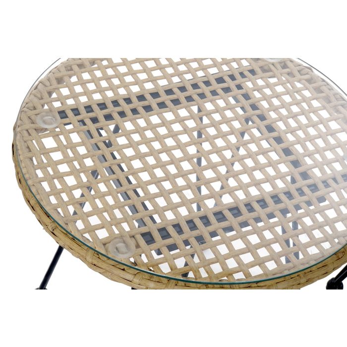 DKD Home Decor Set de 3 Mesas para Terraza y Jardin, 57.5 x 82 x 56 cm, Marron Claro y Negro, con Cojin y Desmontable, Material: Metal, Ratan, Poliester, Cristal