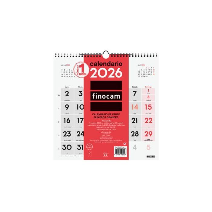 Finocam Calendario de Pared Números Grandes 30x30 cm Mv Neutro 2026 Anual con Espiral y Colgador para Oficina/Hogar