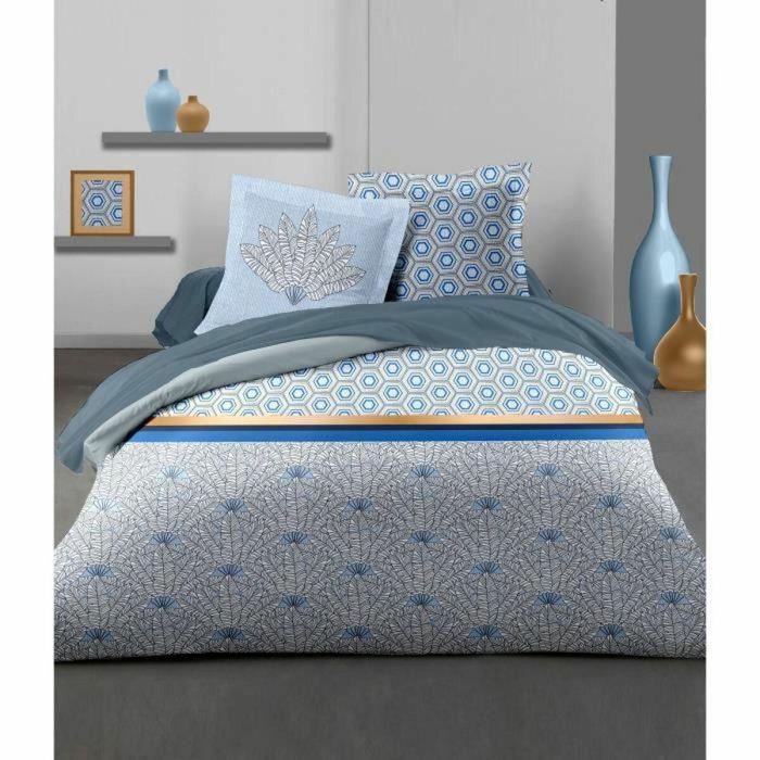 HOME LINGE PASSION Juego de edredón Luxor - 1 funda nórdica 240 x 260 cm + 2 fundas de almohada 65 x 65 cm - Azul y blanco 1