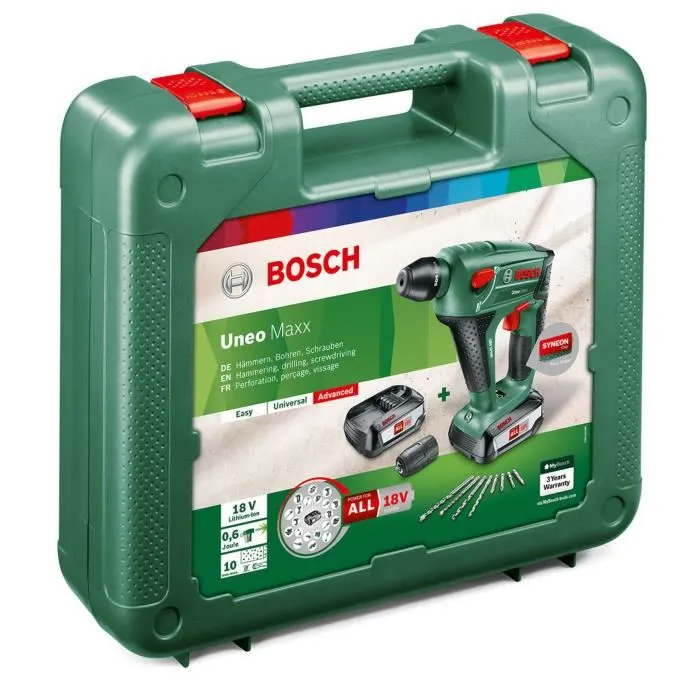 Bosch Perforador Uneo Maxx 2x2,5Ah 18V con 2 Baterías, Chip Syneon, Ligero para Hormigón y Madera 5
