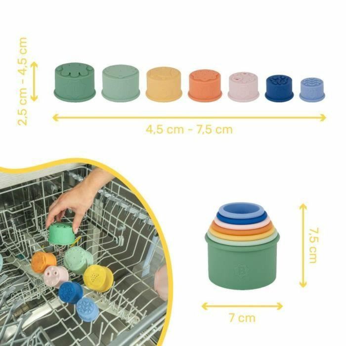 Badabulle Juego de 7 vasos apilables numerados - Juguetes de baño de silicona suave 1