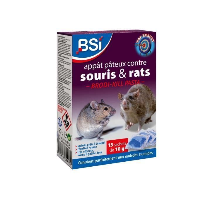 Antiratas y ratones 150g - BSI - Eficacia radical - Pasta Brodi-Kill - 15 sobres de trigo de 10g - Última generación