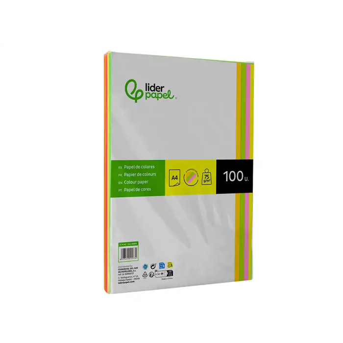 Liderpapel Papel Color DIN A4 75 gr Neón, 4 Colores Surtidos, Paquete 100 Hojas 3