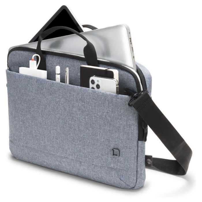DICOTA Eco MOTION Slim - Funda para Portátil hasta 13.3" (33.8 cm), Maletín Azul Denim, Compartimento para Tableta, Tirante para Hombro, Fabricado con Materiales Reciclados