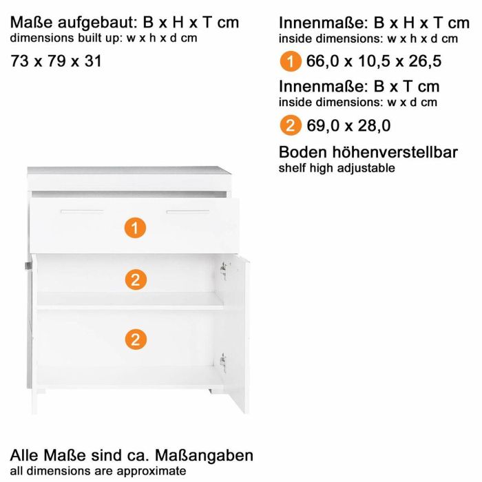 Trendteam TRE4251398913359 Mueble bajo de baño Amanda Blanco 2 puertas, 1 cajón 73x31x79 cm 7 Trendteam TRE4251398913359 Mueble bajo de baño Amanda Blanco 2 puertas, 1 cajón 73x31x79 cm 7