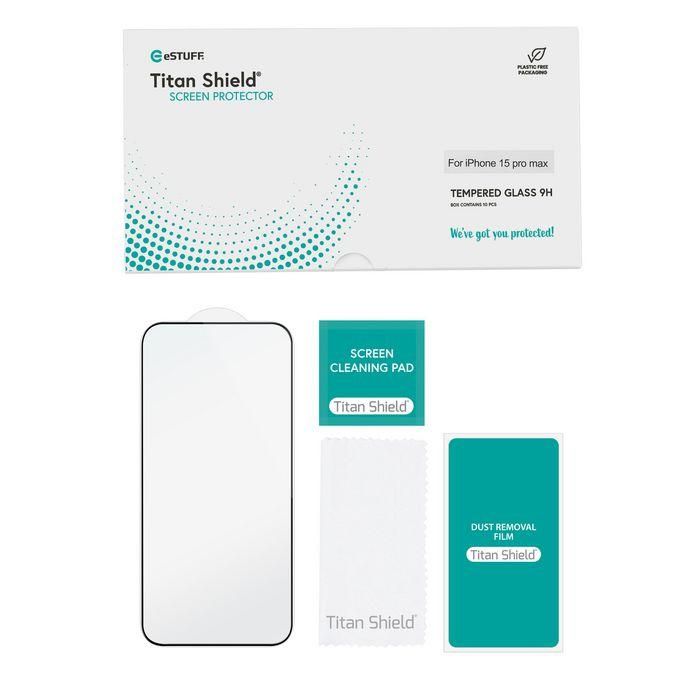 eSTUFF Protector de pantalla completo INFINITE para iPhone 15 Pro Max. 10 pcs Titan Shield® 2