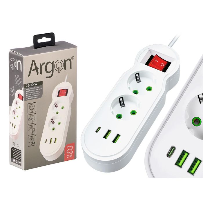 Argon Regleta Multifunción con 2 enchufes y 3 Interruptores, 2500W, Plástico Blanco, Cable 2 m, 21x5x12 cm (Set de 12)