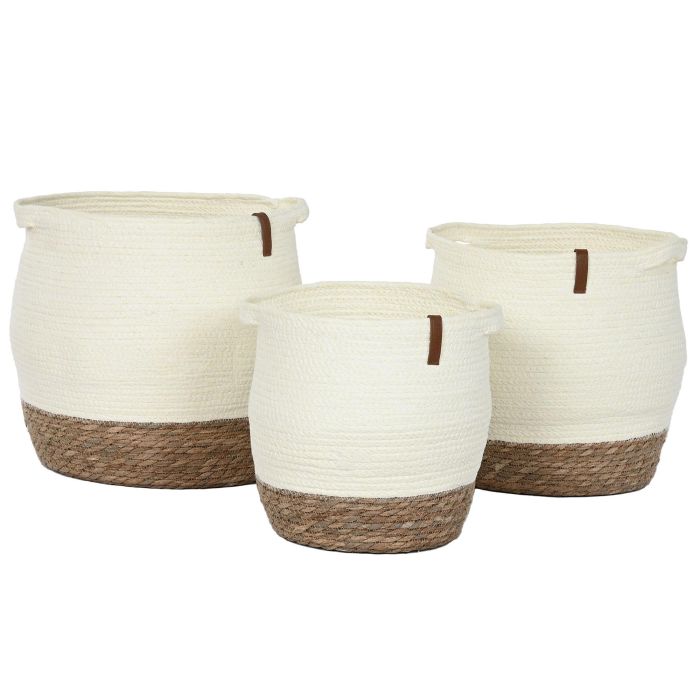 DKD Home Decor Set de 3 (2 Unidades) Cesta Crema Natural Fibra y Pu 34 x 34 x 34 cm 3