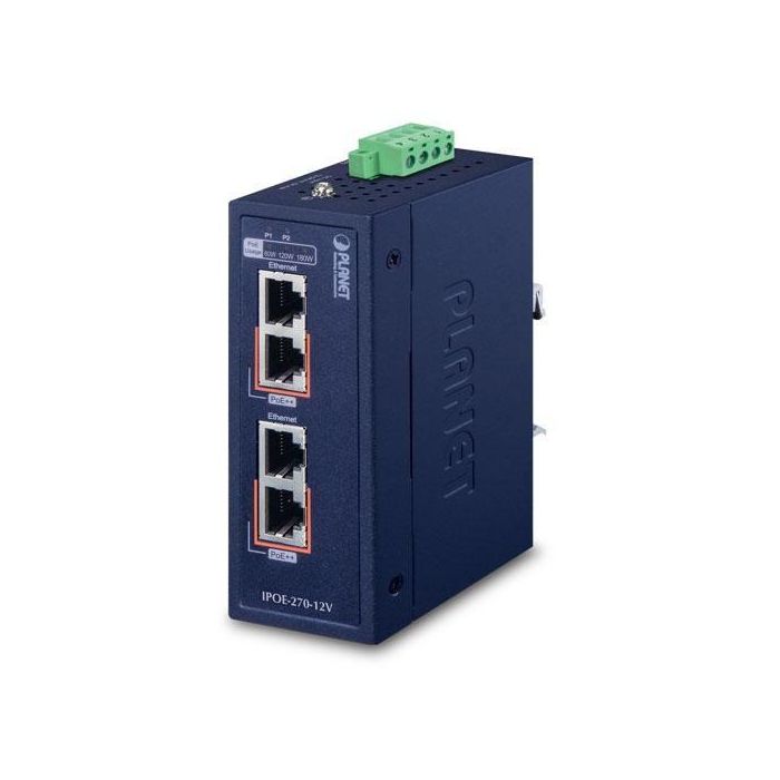 Planet IPOE-270-12V Inyector PoE++ Industrial 2 Canales Multi-Gigabit 802.3bt 90W/pto 180W Total 12-54V CC IP30 Planet IPOE-270-12V Inyector PoE++ Industrial 2 Canales Multi-Gigabit 802.3bt 90W/pto 180W Total 12-54V CC IP30