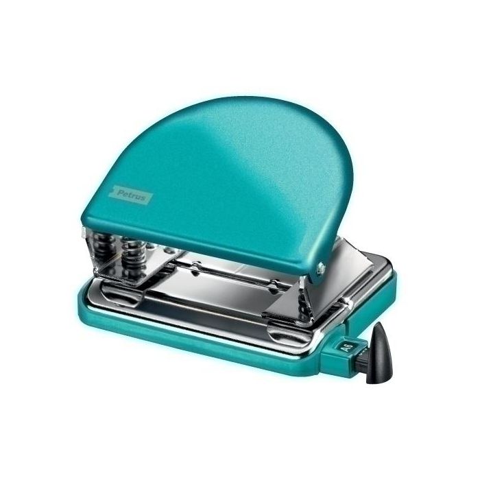Petrus Taladrador 20 Hojas Turquesa Metalizado Metálico. Perforadora de 2 agujeros con regleta tope y cubeta EVA, 10 años garantía.