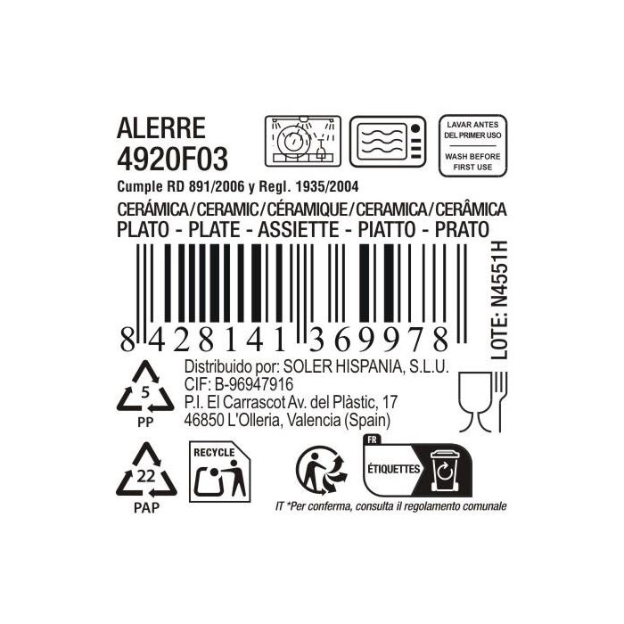 La Mediterranea Plato 20.5 cm "Alerre" Md, Plato de 20.3 cm de diametro por 2.2 cm de altura, Peso 12 kg por caja (486 g por plato) (24 Unidades)