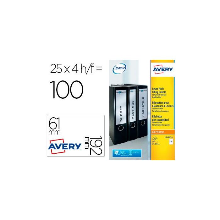 Avery Etiquetas Adhesivas Ultragrip Para Archivadores Palanca 192x61 mm Inkjet-Láser 4 X 25H Blanco