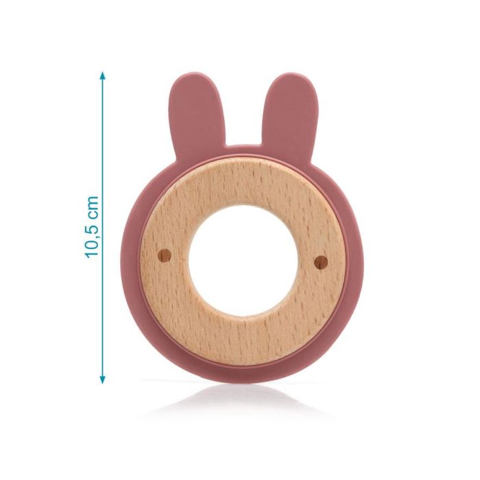 KioKids Mordedor para Bebés +3 Meses, Madera Haya y Silicona Rosa Conejito, Juguete que Alivia la Dentición y Estimula Sentidos 3